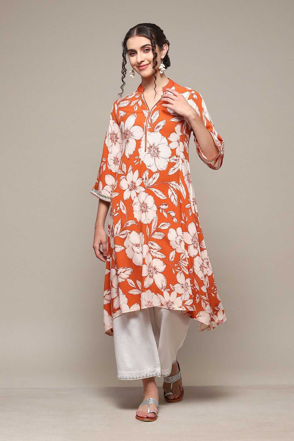 Burnt Orange LIVA Straight Printed Kurta image number 2