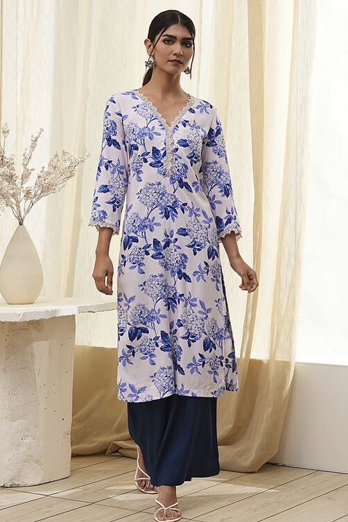 Blue and White Floral Printed Straight Kurta image number 5
