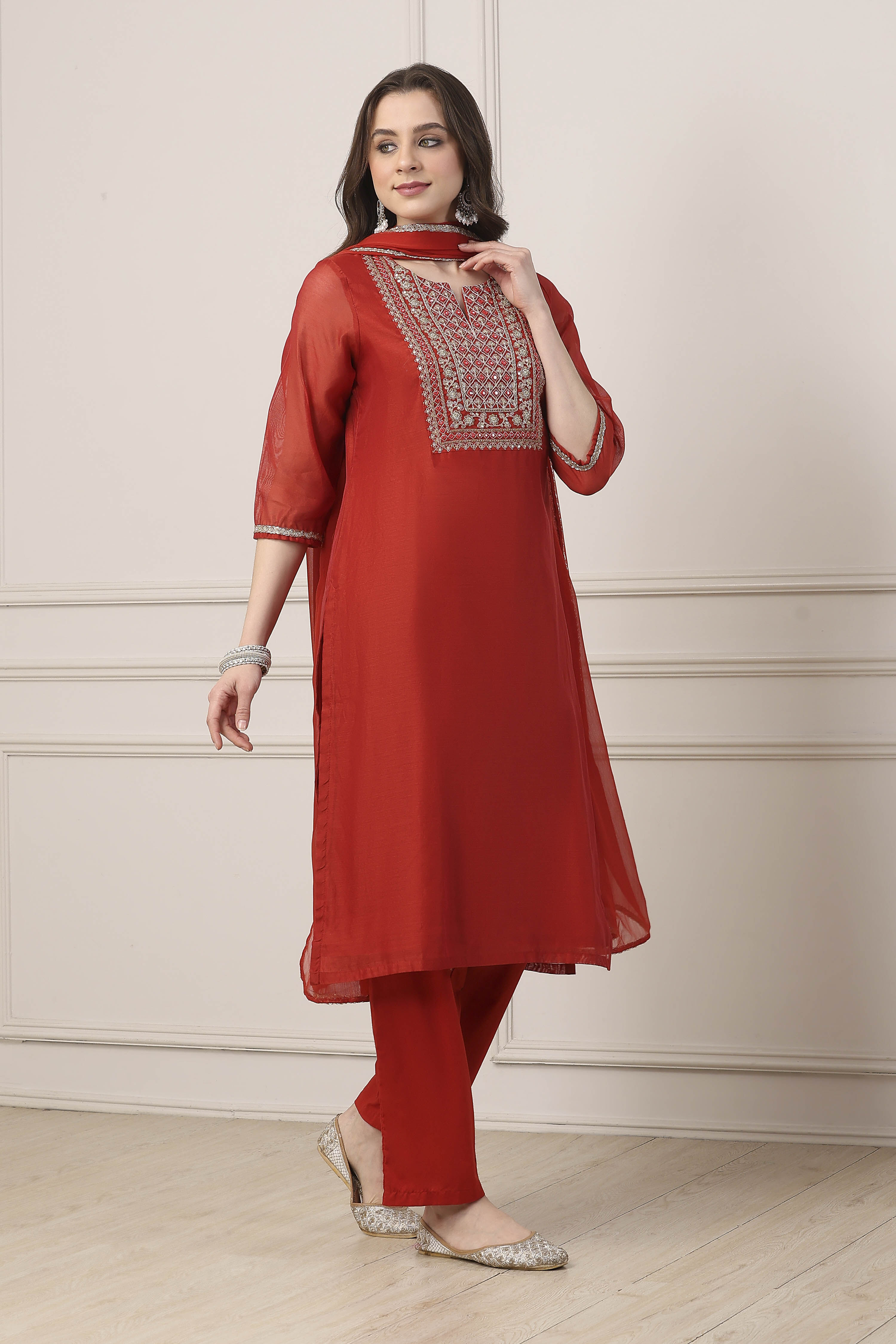 Red Poly Chanderi Straight Suit Set image number 5