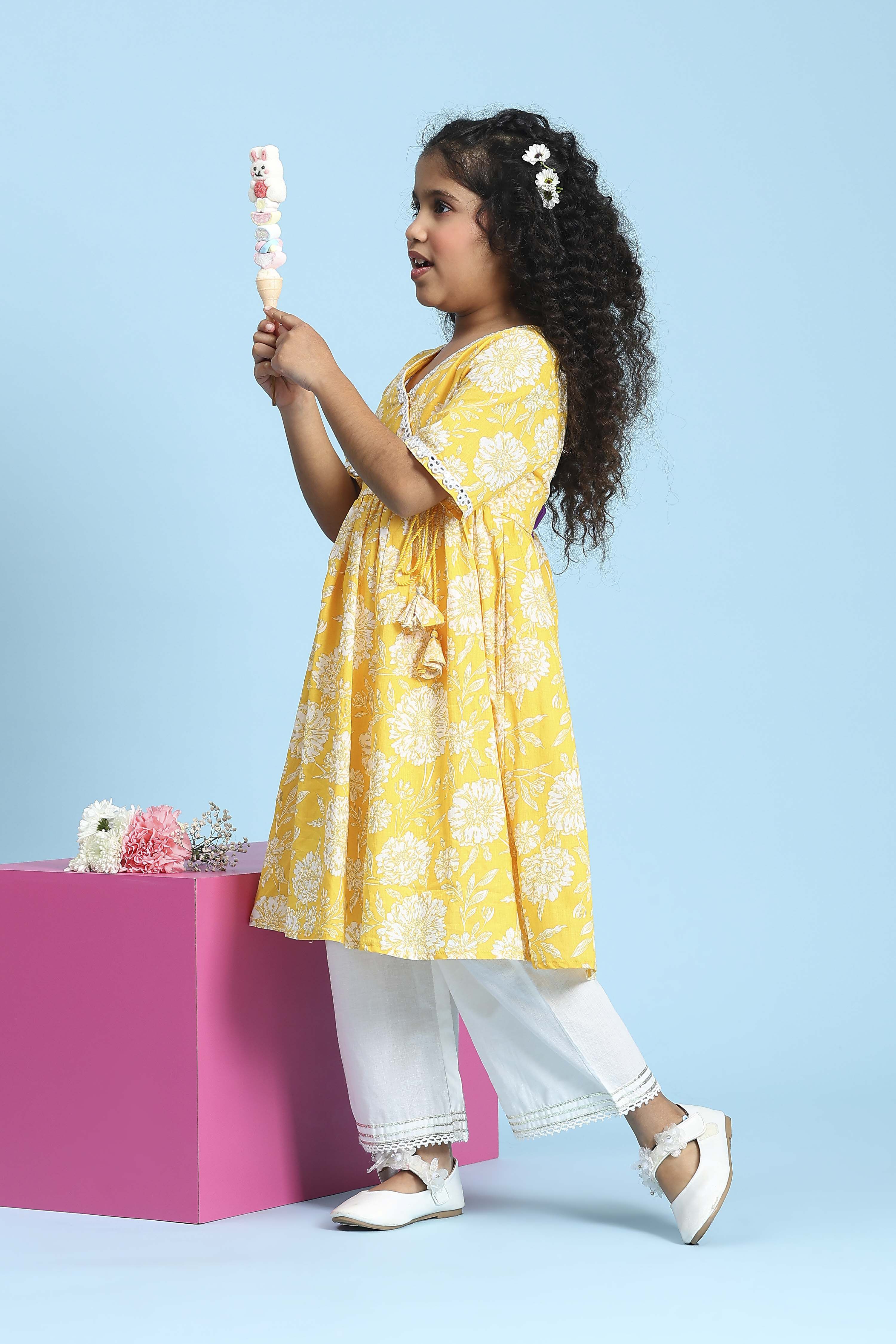 Yellow Cotton Printed Anarkali Suit Set image number 5