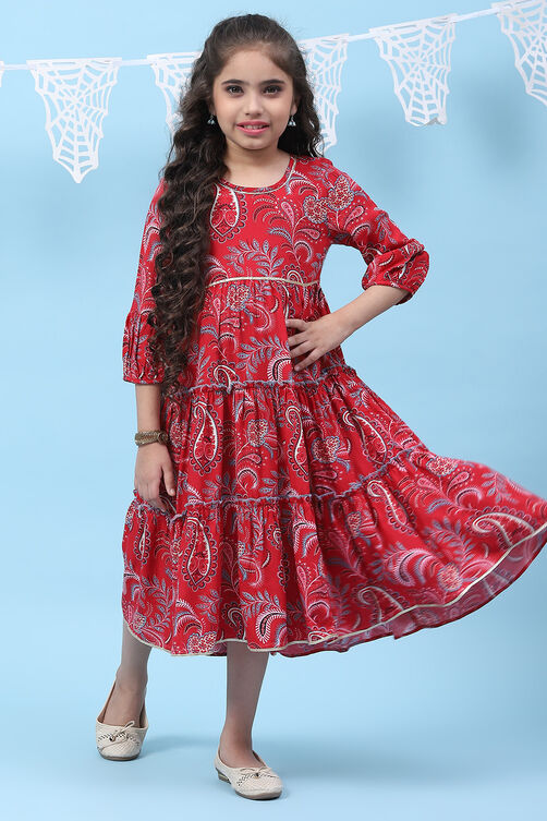 Red Rayon Tiered Printed Kurta Dress image number 0