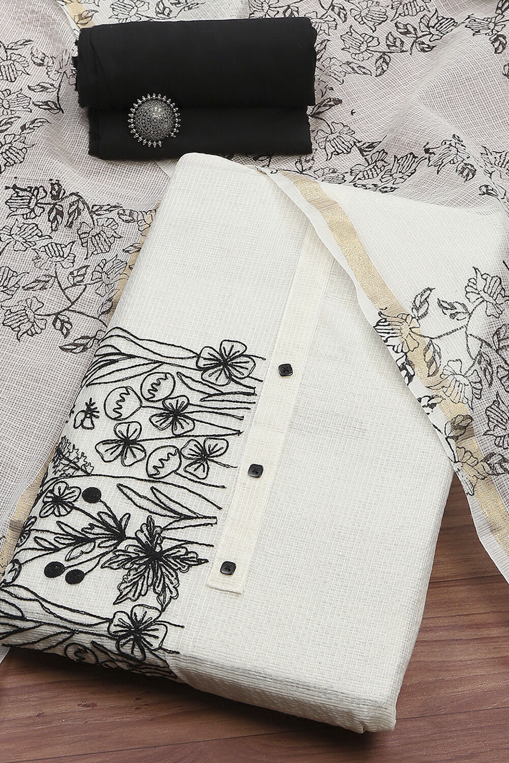 Off White Cotton Machine Embroidered Unstitched Suit Set image number 0