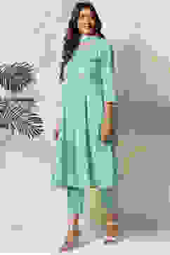 Sea Green Viscose Kalidar Kurta Pants Suit Set image number 4