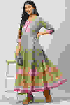 Olive Green Cotton Flared Printed Dress image number 3