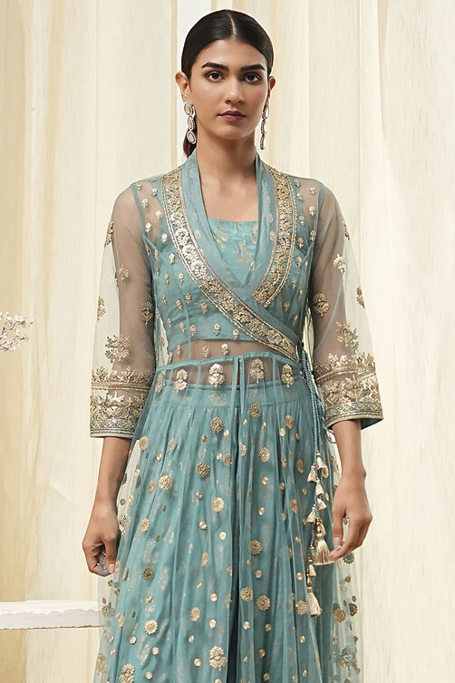 Coral-Pink Polyester Blend Anarkali Lehenga Set image number 1