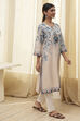 Beige and Blue Cotton Floral Straight Kurta image number 4
