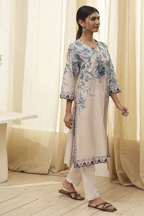 Beige and Blue Cotton Floral Straight Kurta image number 4