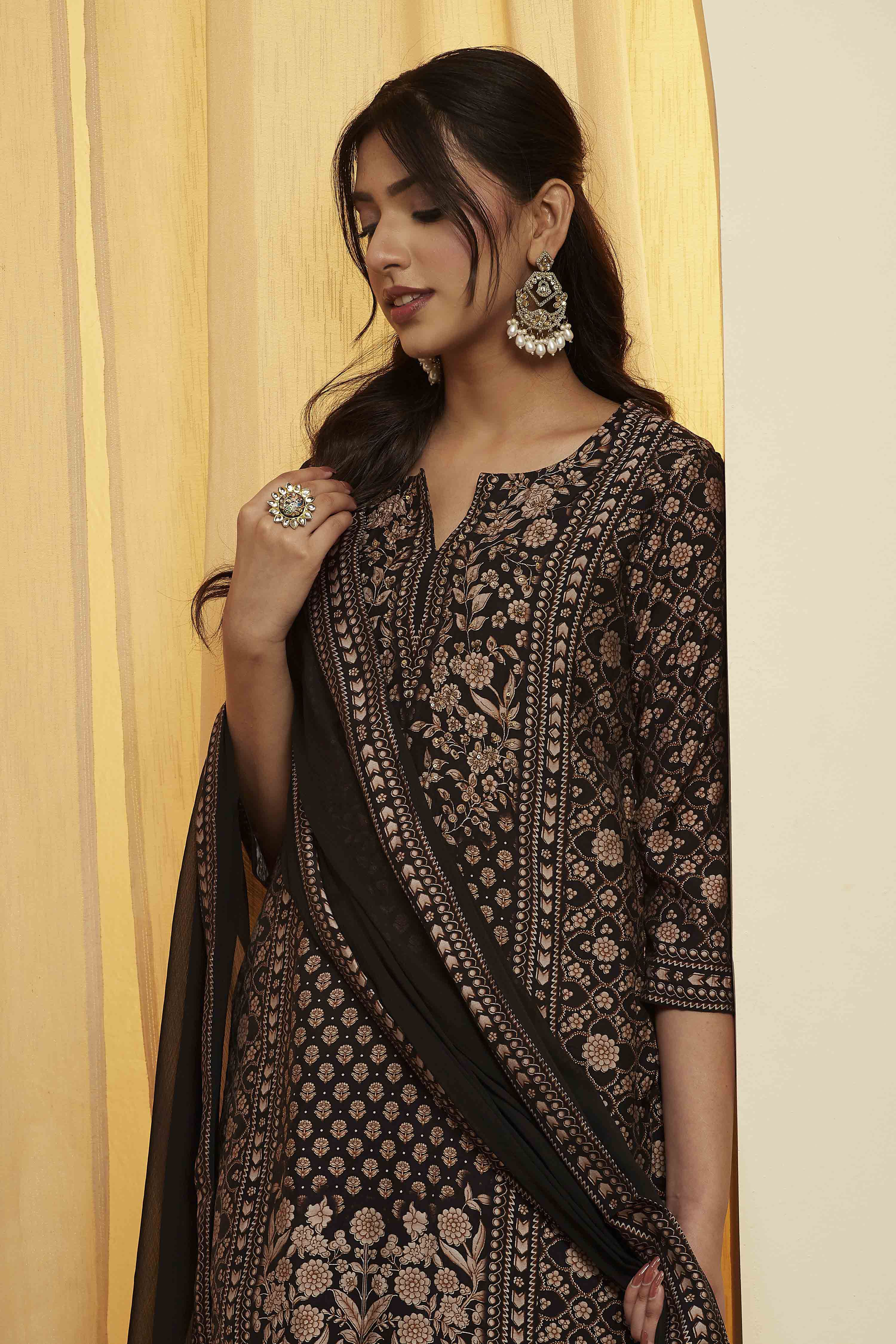 Black Viscose Blend Printed Straight Kurta Set image number 1