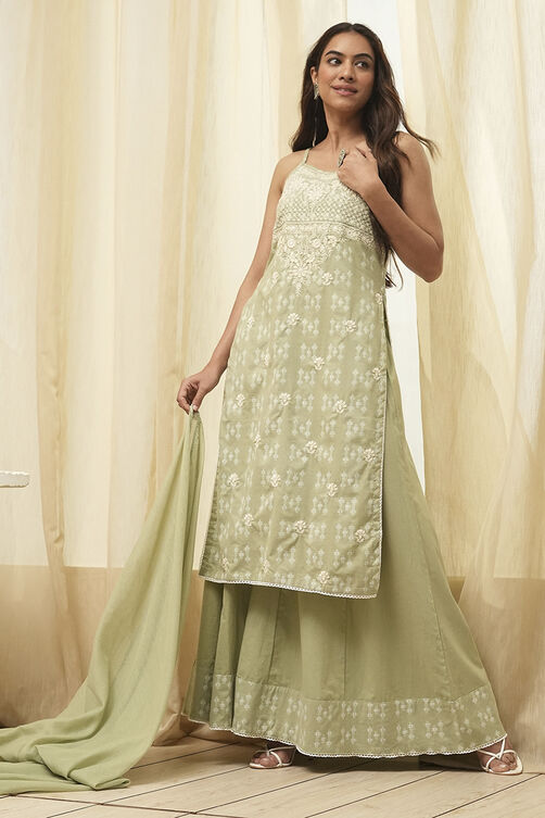 Green Cotton Floral Strappy Straight Suit Set image number 0