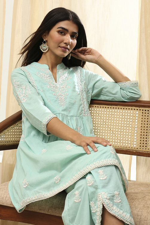 Buy Aqua Cotton Embroidered Straight Kurta Set Online at Biba India