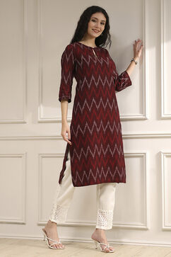 Maroon Cotton Ikat Straight Kurta image number 4