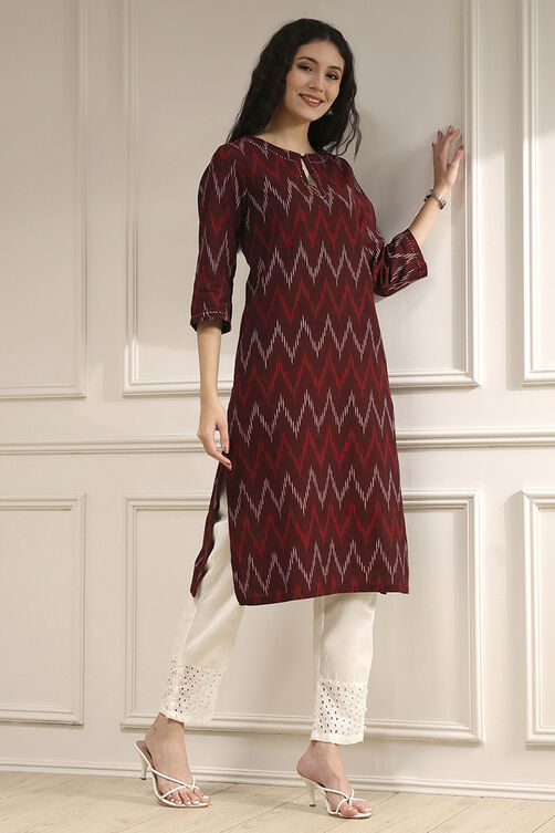 Maroon Cotton Ikat Straight Kurta image number 4