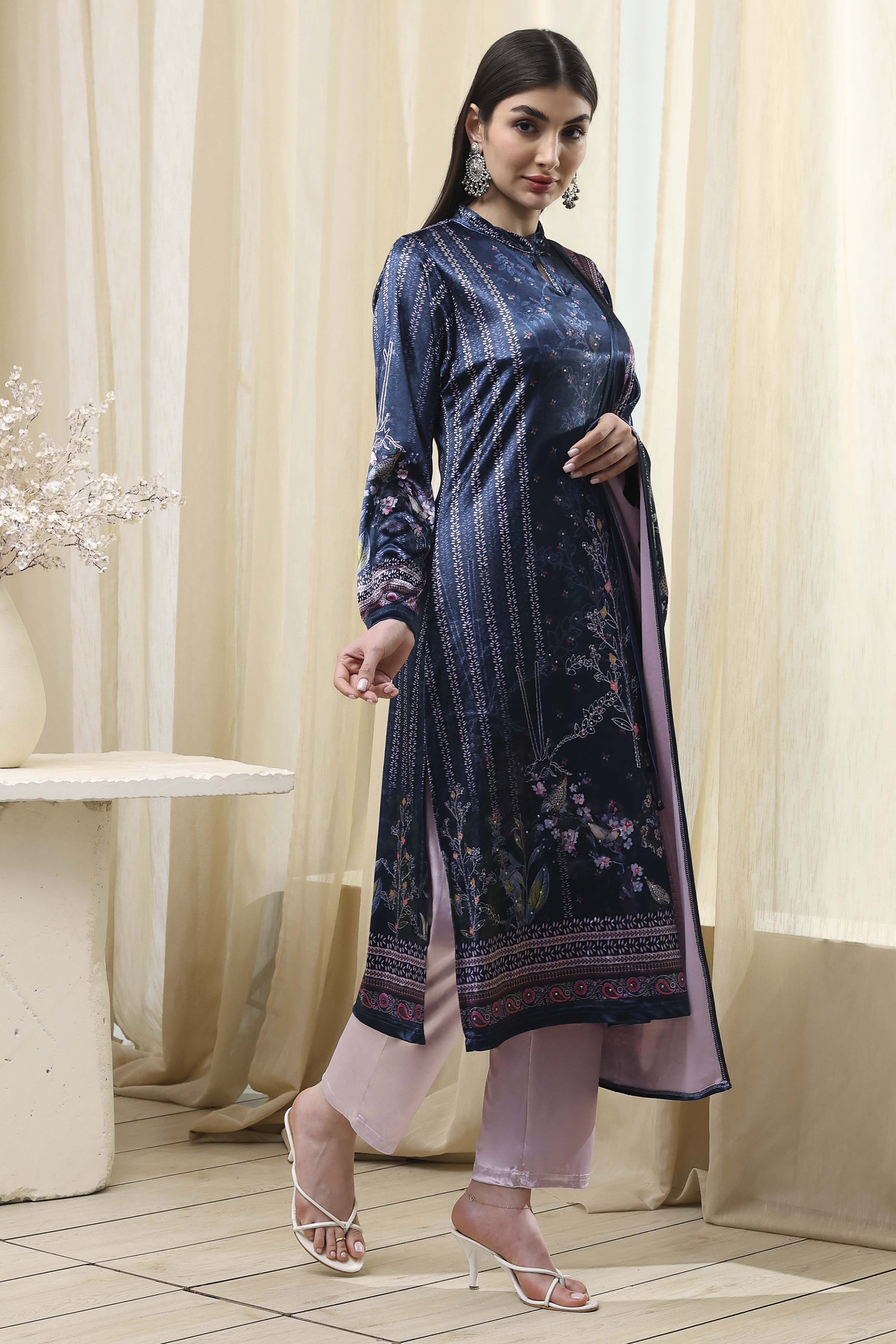 Petrol Blue Polyester Straight Printed Kurta Slim Pant Suit Set image number 5