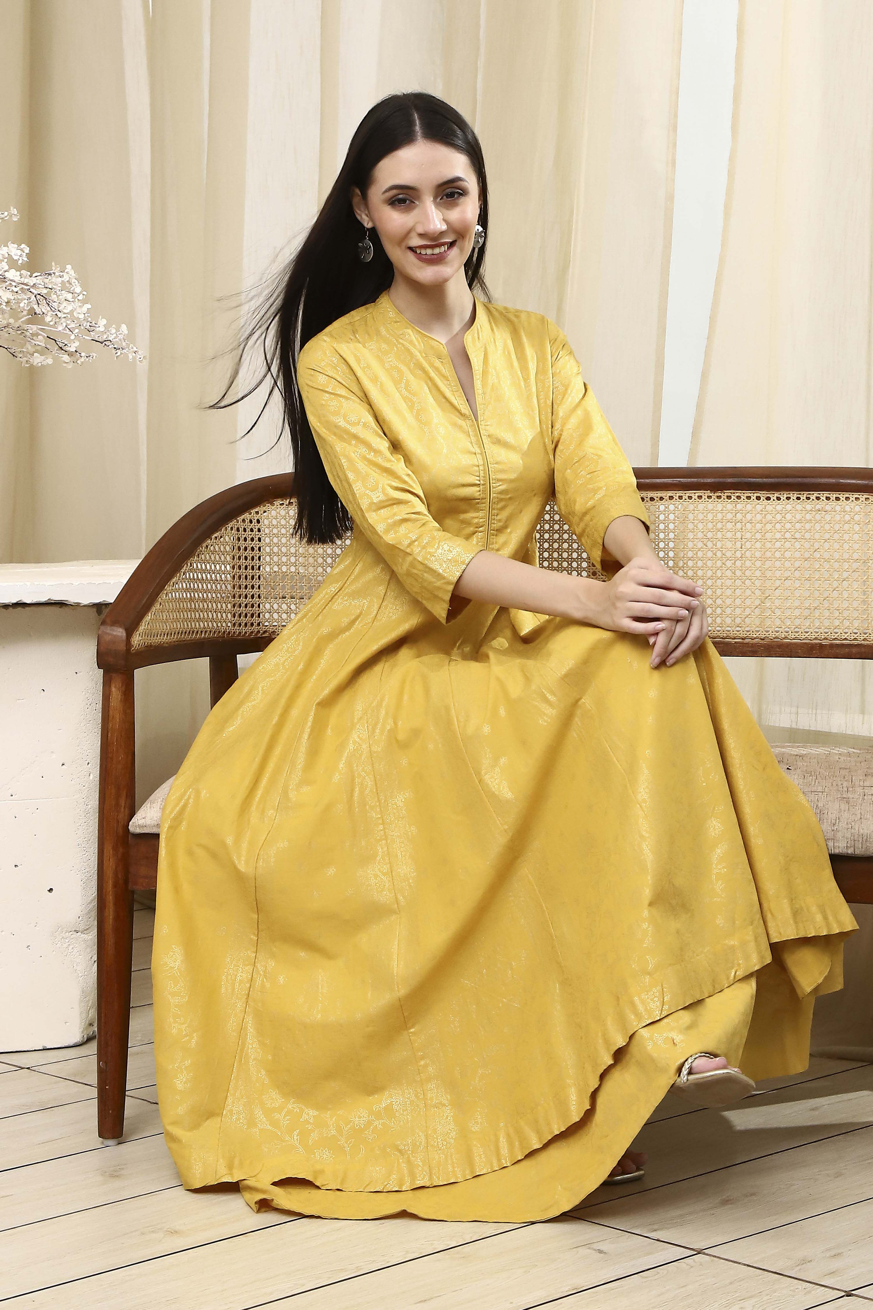 Lime Yellow Cotton Layered Anarkali Dress image number 0