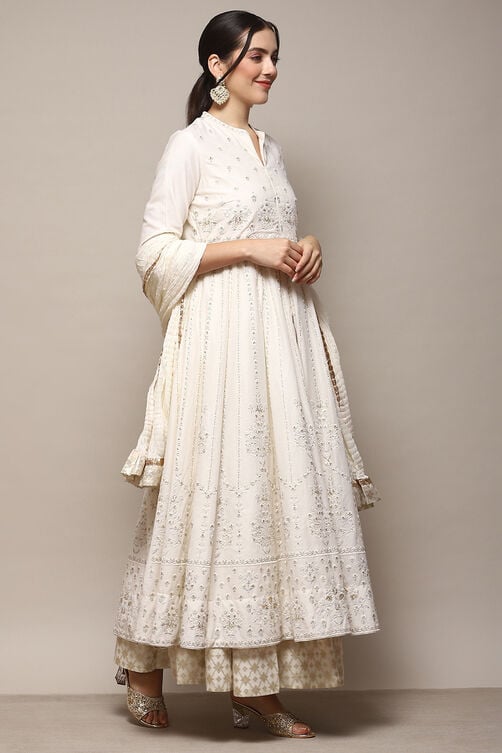 Off White Cotton Anarkali Kurta Skirt Suit Set image number 6