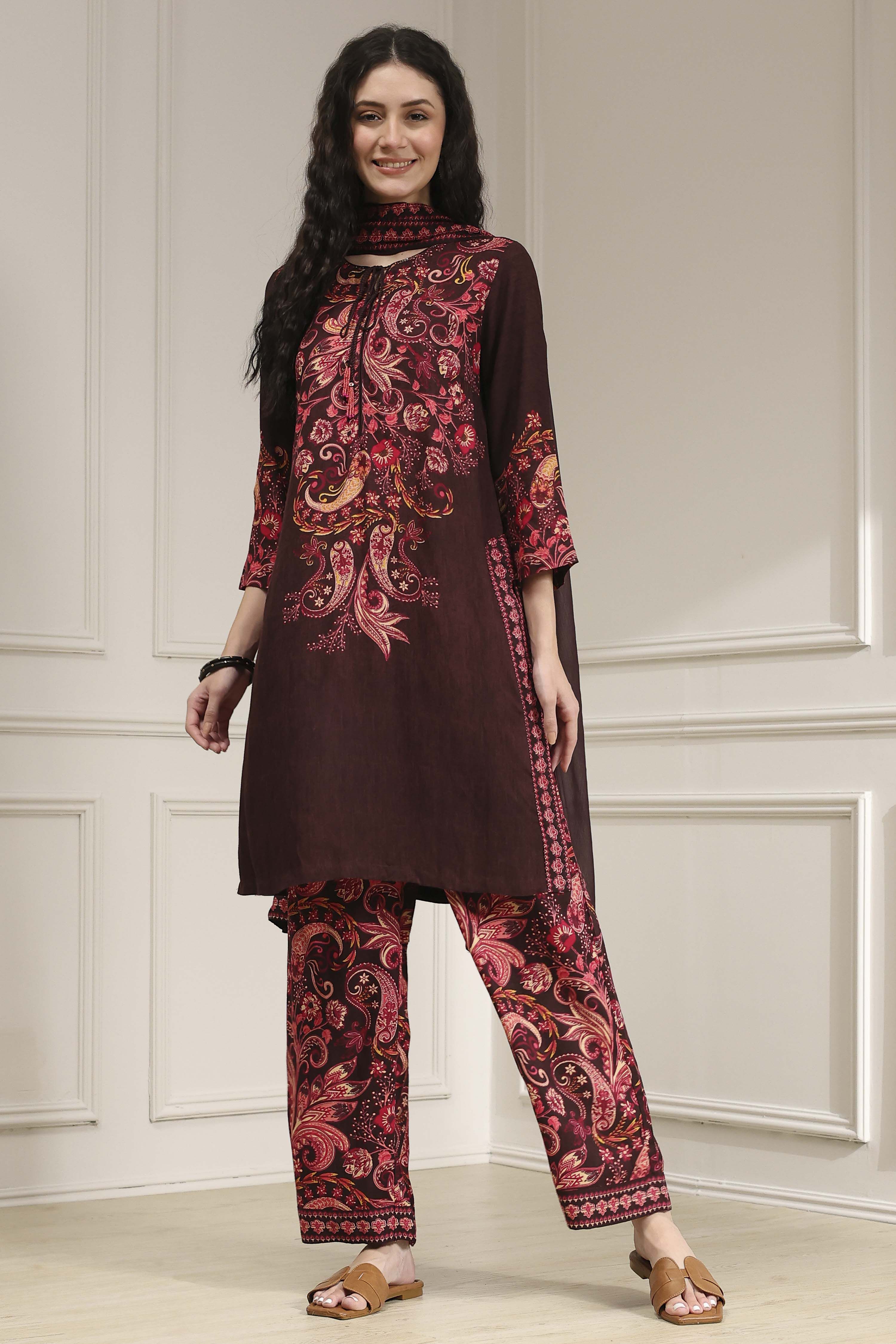 Brown Printed Straight Suit Set image number 6