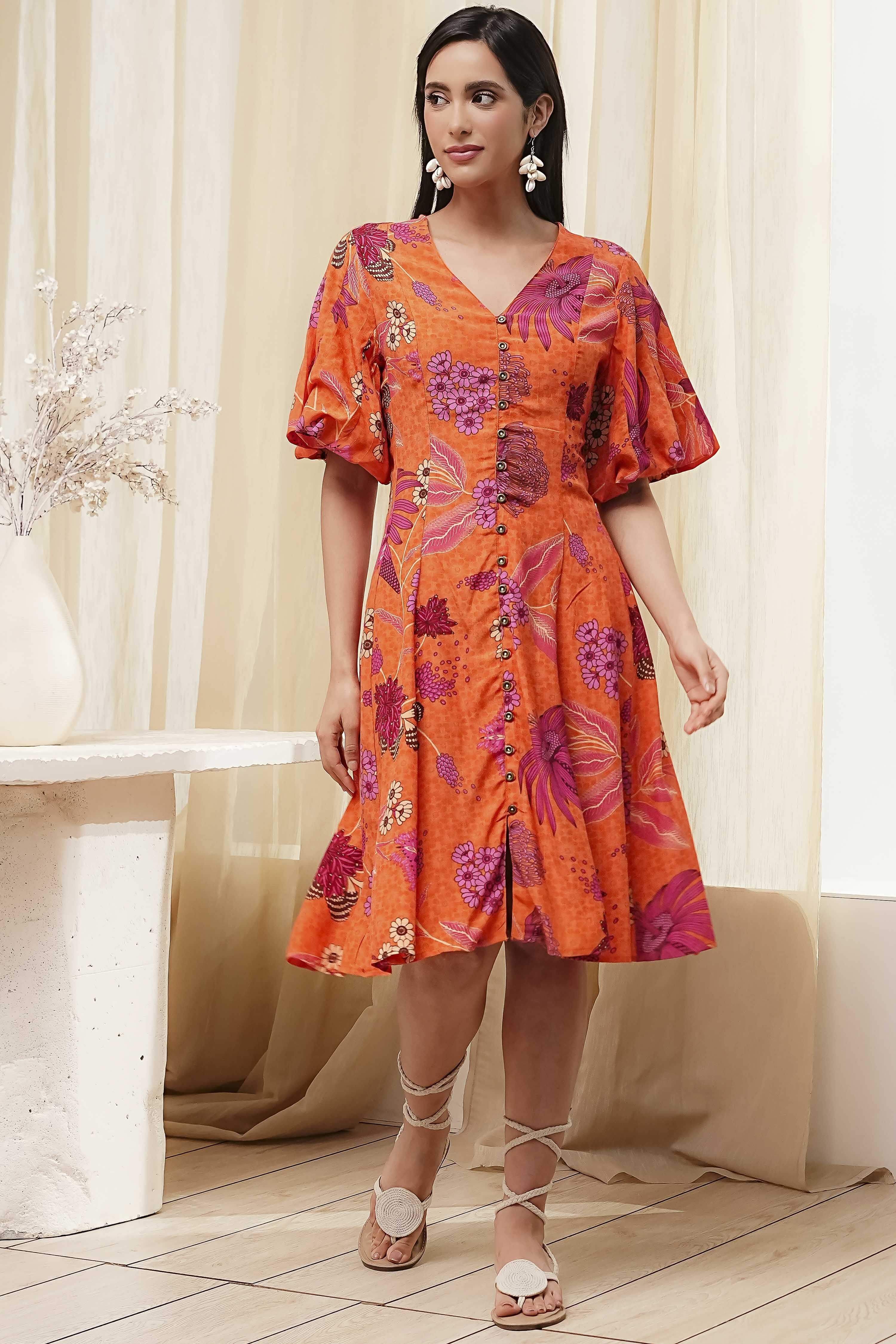 Orange Floral Printed Flared Dress image number 5