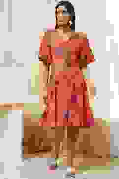 Orange Floral Printed Flared Dress image number 5