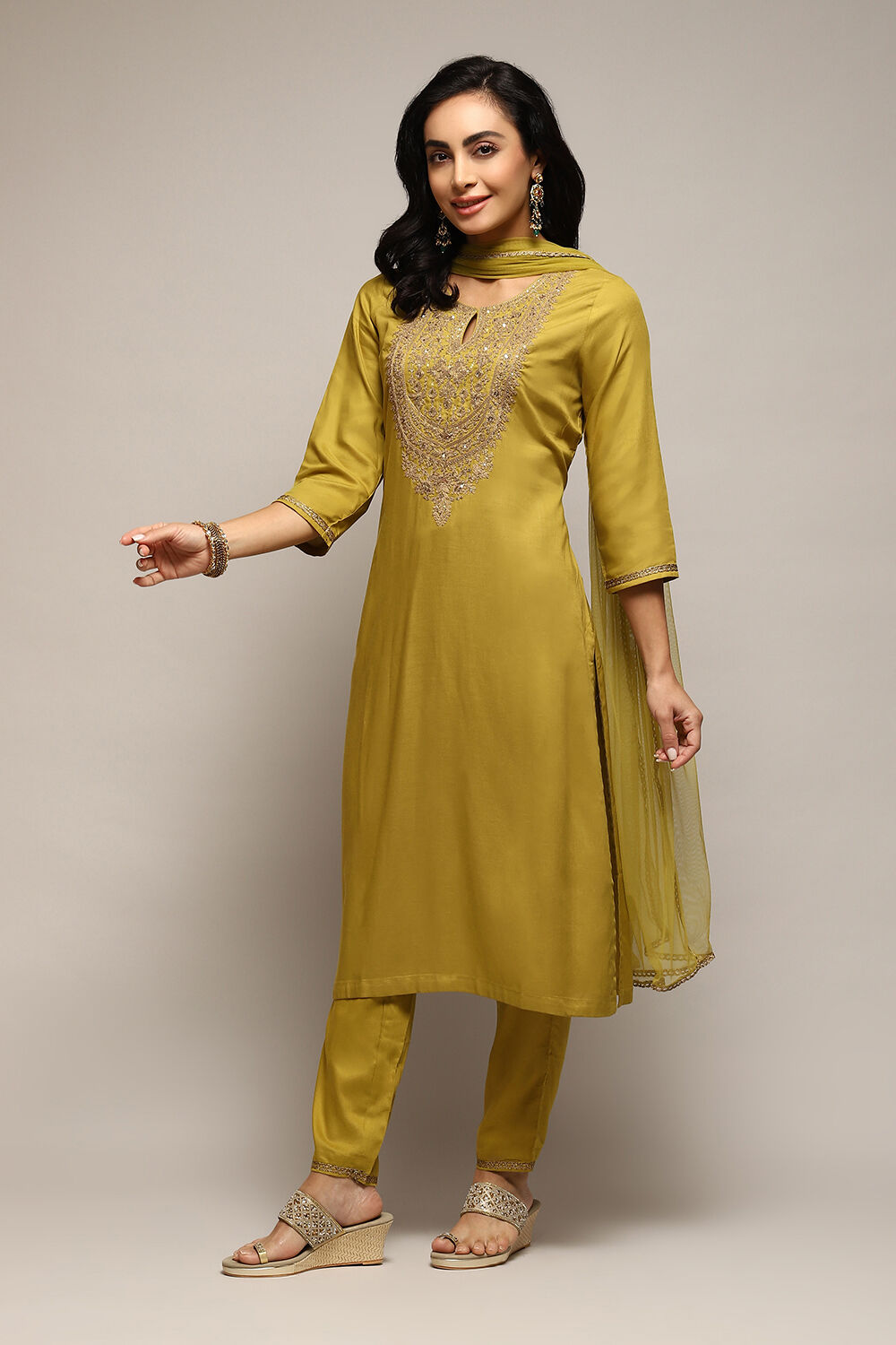 Lime Green LIVA Gathered Kurta Ankle Length Suit Set image number 0