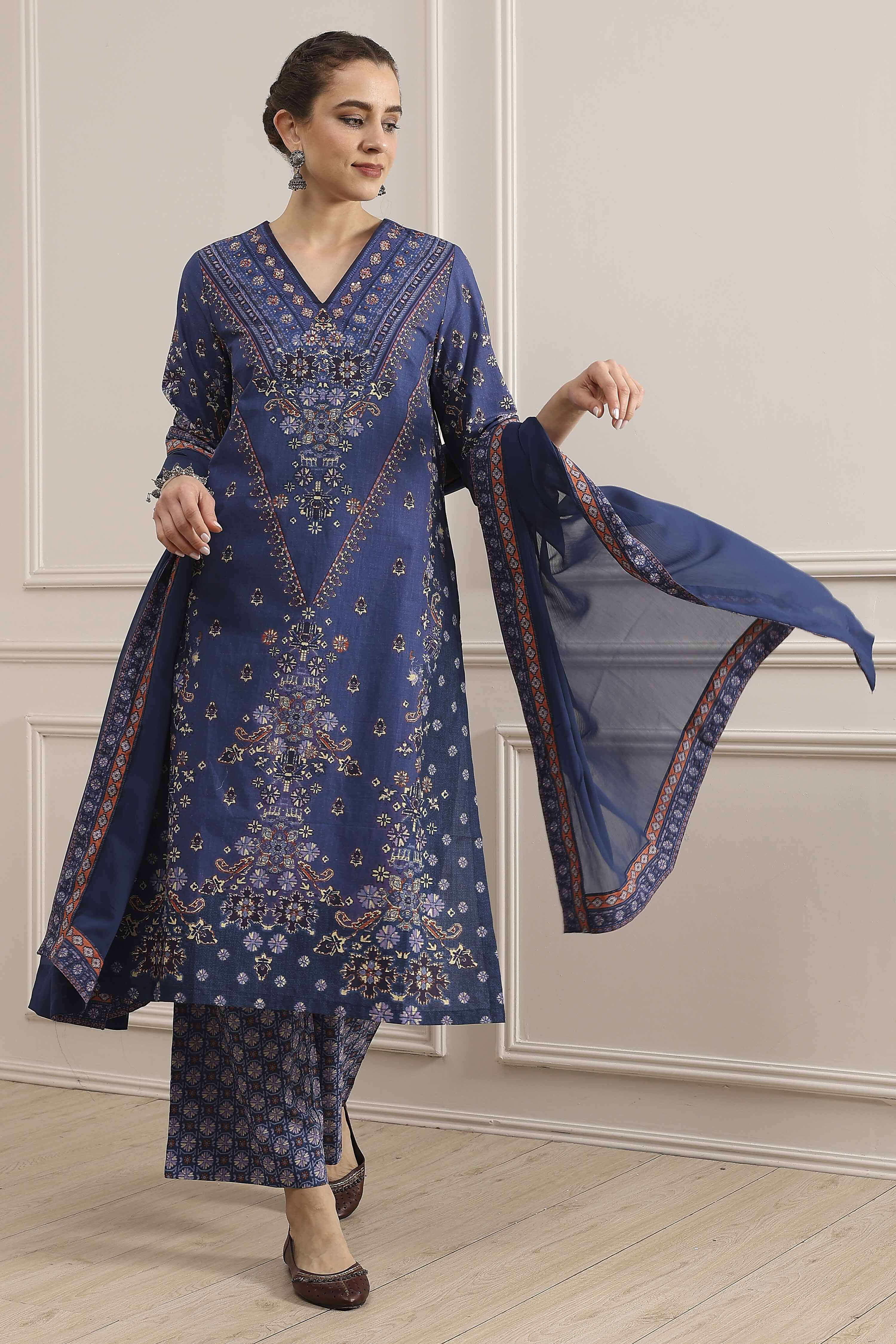 Blue Cotton Printed Straight Suit Set image number 0