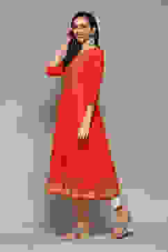 Red Cotton A-Line Printed Kurta image number 2