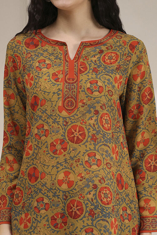 Mustard Red Polyester Straight Printed Short Kurta image number 1