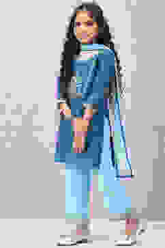 Marine Blue Art Silk Straight  Kurta Palazzo Suit Set image number 0