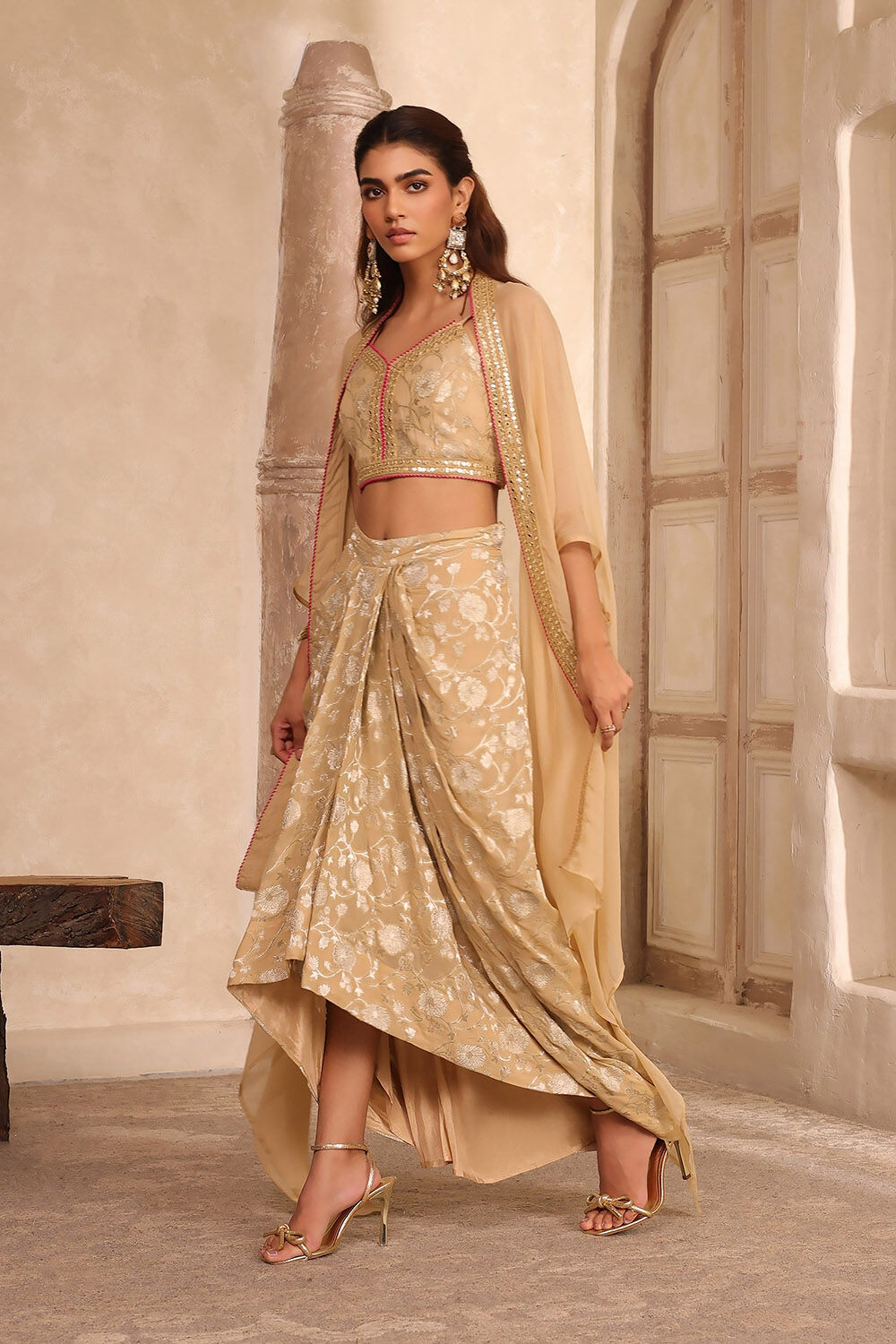 Beige Pure Georgette Jacquard Fusion Skirt Set image number 2