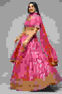 Fuchsia Silk Brocade Straight Embroidered Kurta Lehenga Set image number 7