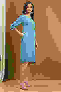 Frost Blue Solid Regular Fit Straight Kurta image number 4