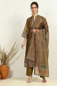 Olive Green Chanderi Floral Printed Unstitched Suit Set image number 1