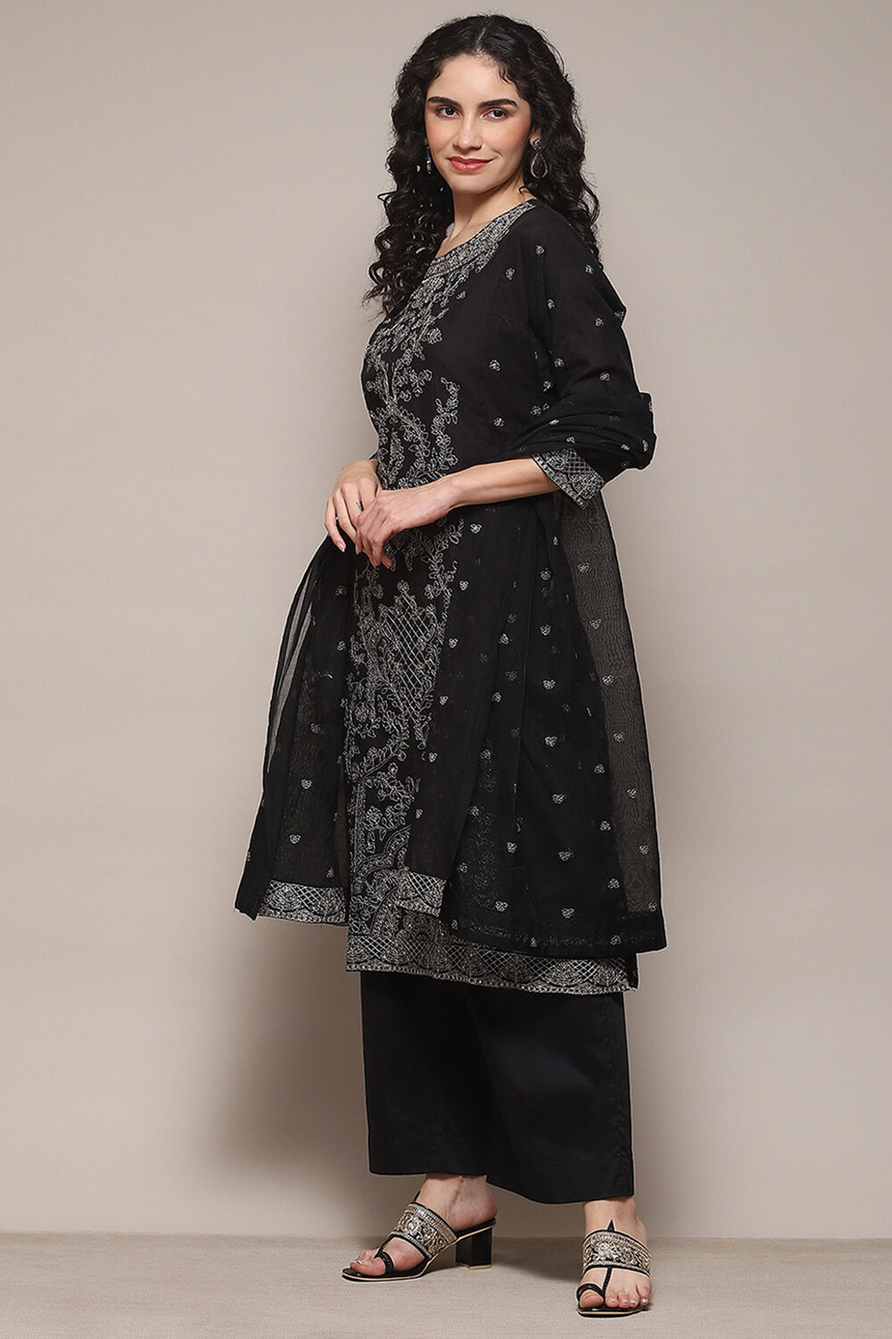 Black Cotton Satin Straight Kurta Palazzo Suit Set image number 4