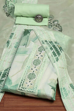 Green Cotton Printed Floral Unstitched Suit Set image number 0