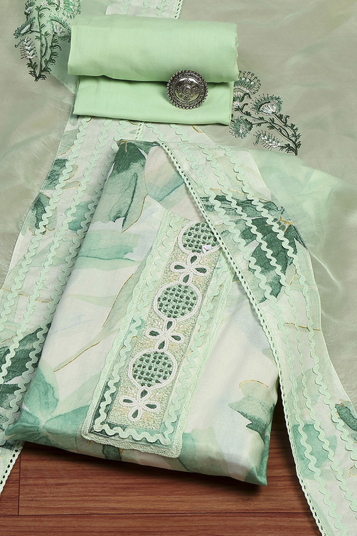 Buy Green Cotton Printed Floral Unstitched Suit Set Online at Biba