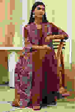 Earthy Brown Printed Layered Cape Dress image number 0