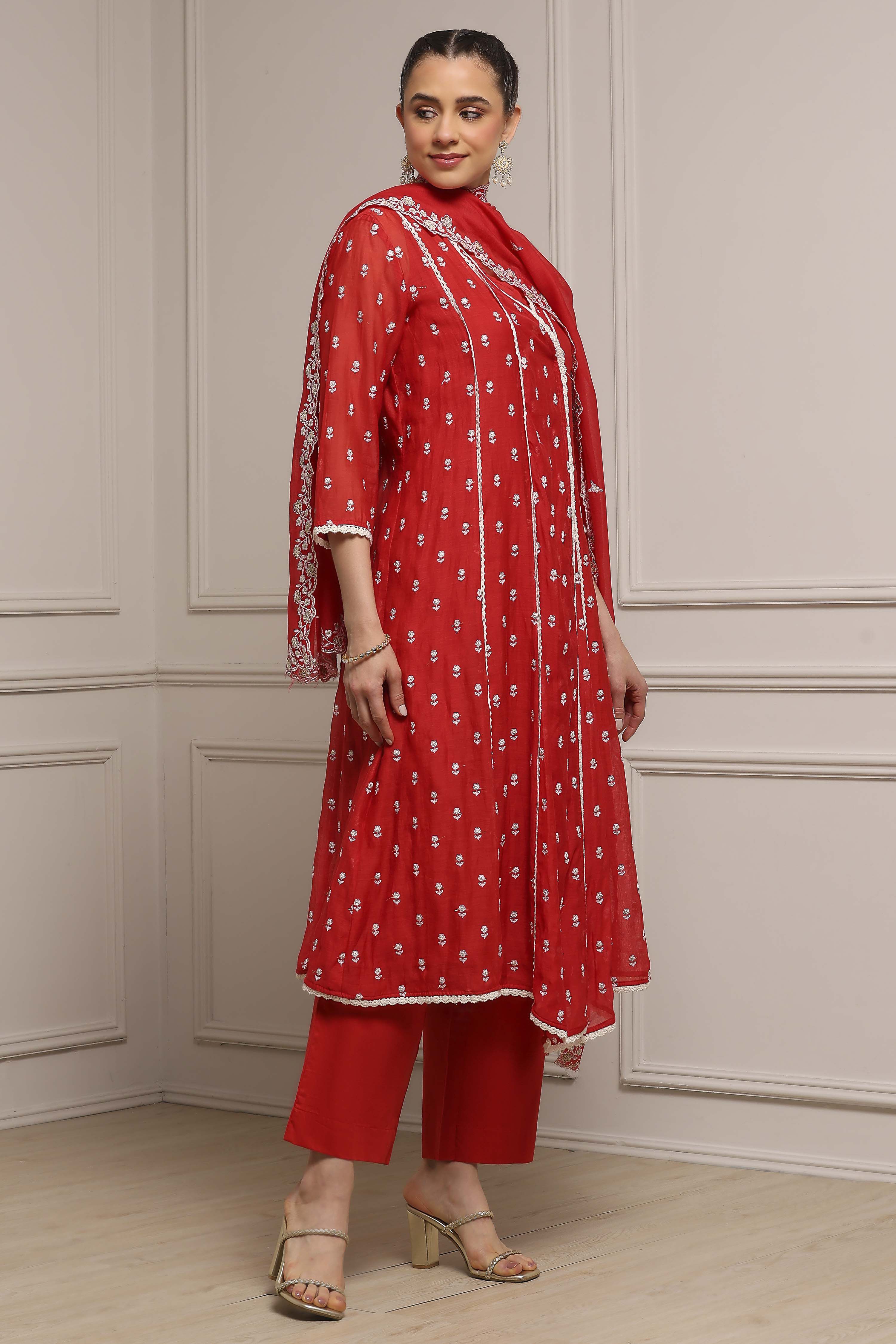 Red Chanderi Embroidered Kalidar Suit Set image number 5