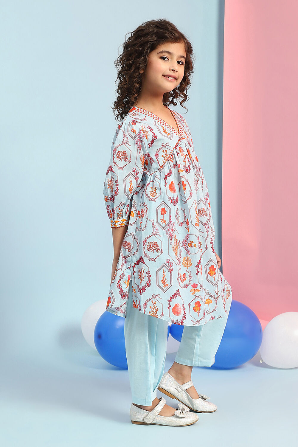 Sky Blue Cotton Floral Gathered Kurta Set image number 5