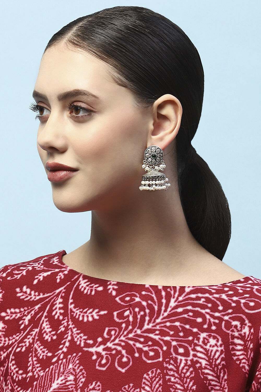 Green Oxidised Stone Studded Dome Shaped Jhumkas image number 1