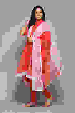 Coral Cotton Asymmetric Solid Kurta Churidar Suit Set image number 4