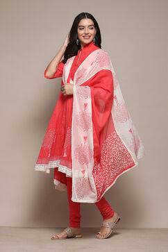 Coral Cotton Asymmetric Solid Kurta Churidar Suit Set image number 4