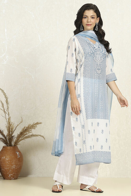 White-Blue Cotton Unstitched Suit Set image number 6