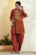 Rust Cotton Mirror Work Short Kurta Set image number 0