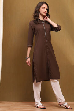Brown Cotton Blend Solid Regular Fit Straight Kurta image number 4