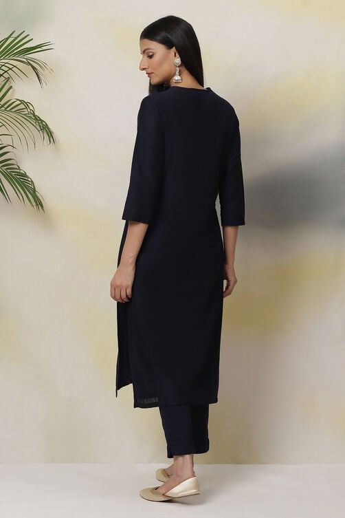 Navy Blue Poly Viscose Straight Kurta Slim Pant Suit Set image number 7