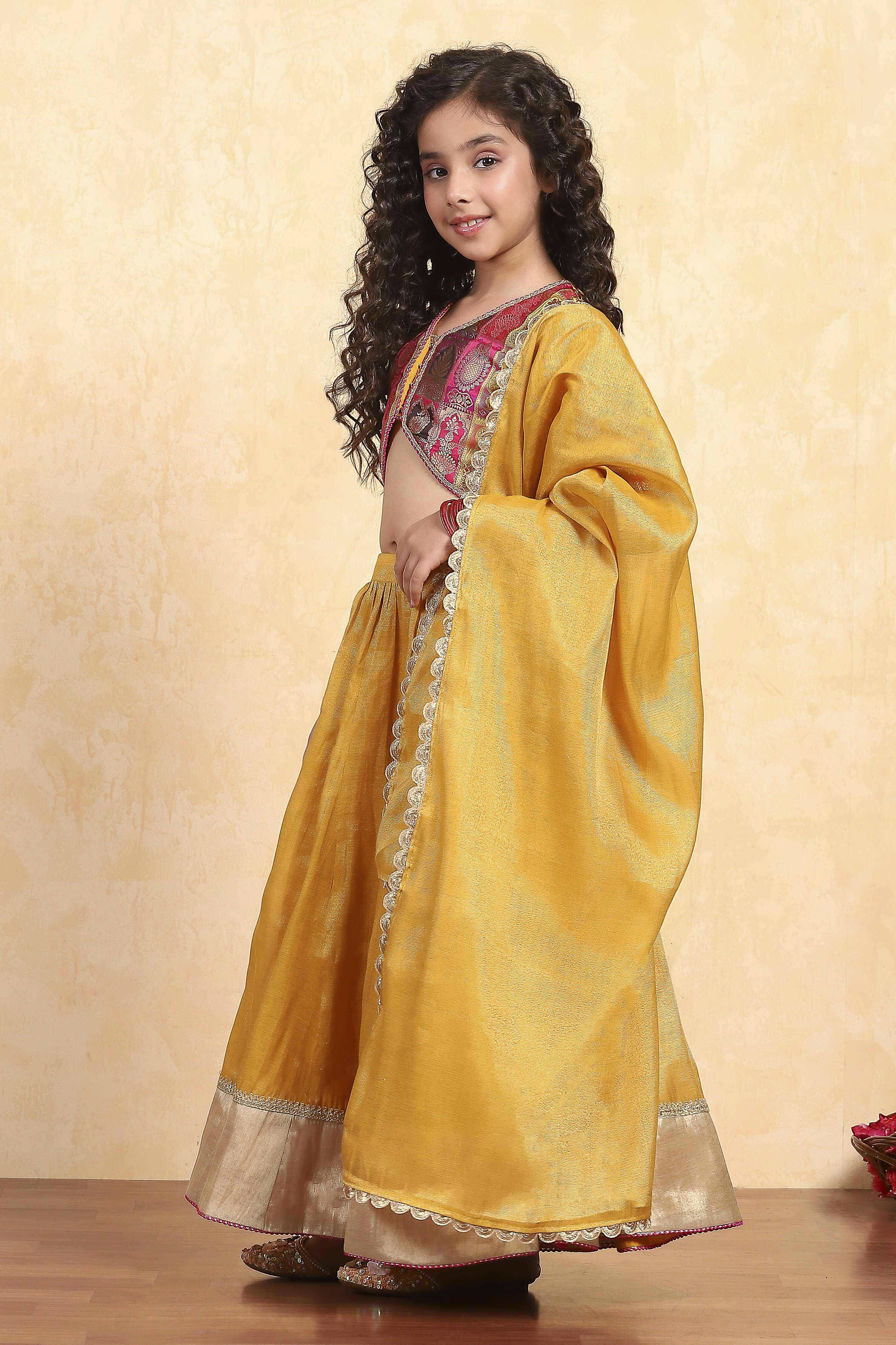 Mustard Yellow Polyester Gathered Lehenga Set image number 3
