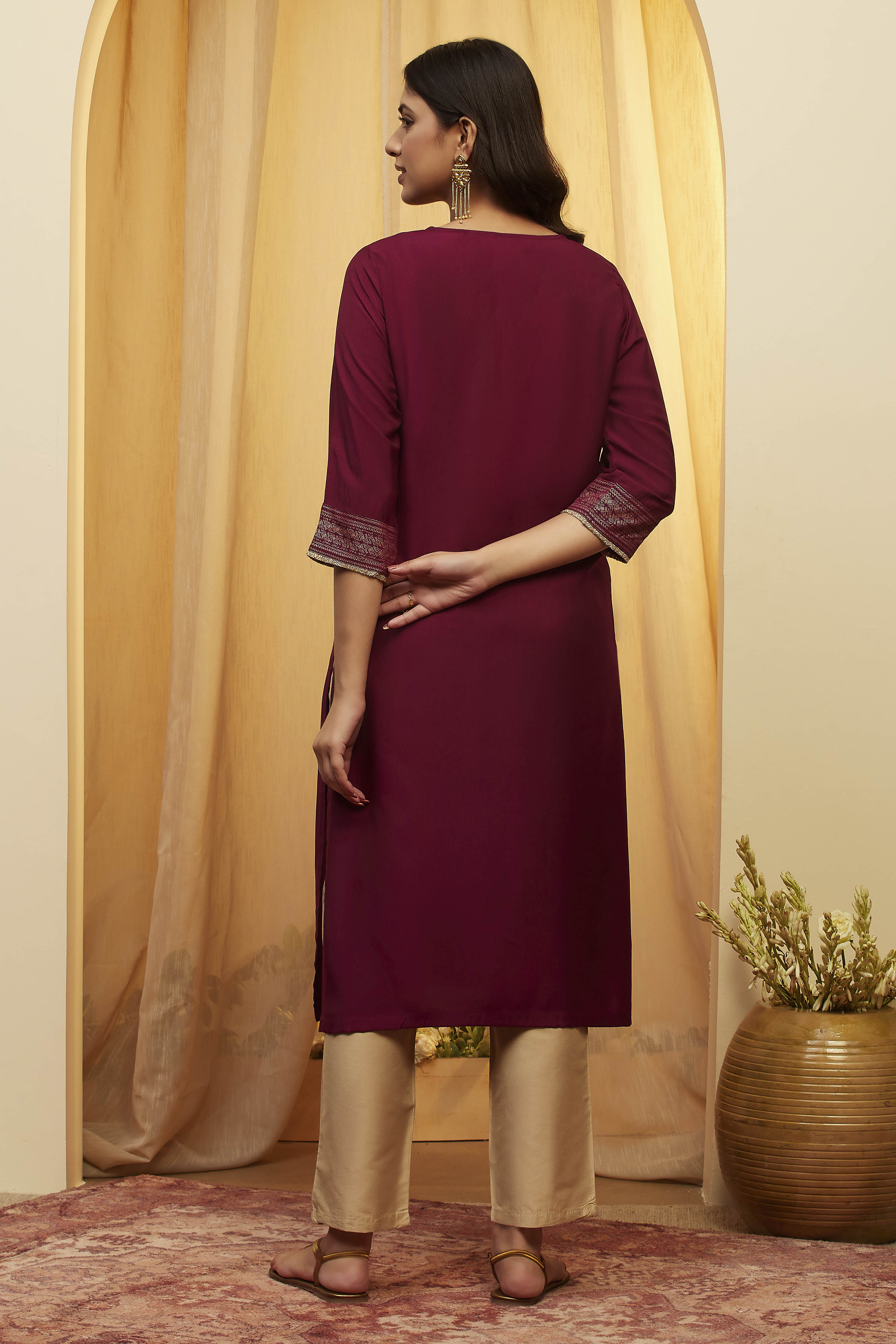 Berry Viscose Blend A Line Kurta image number 4