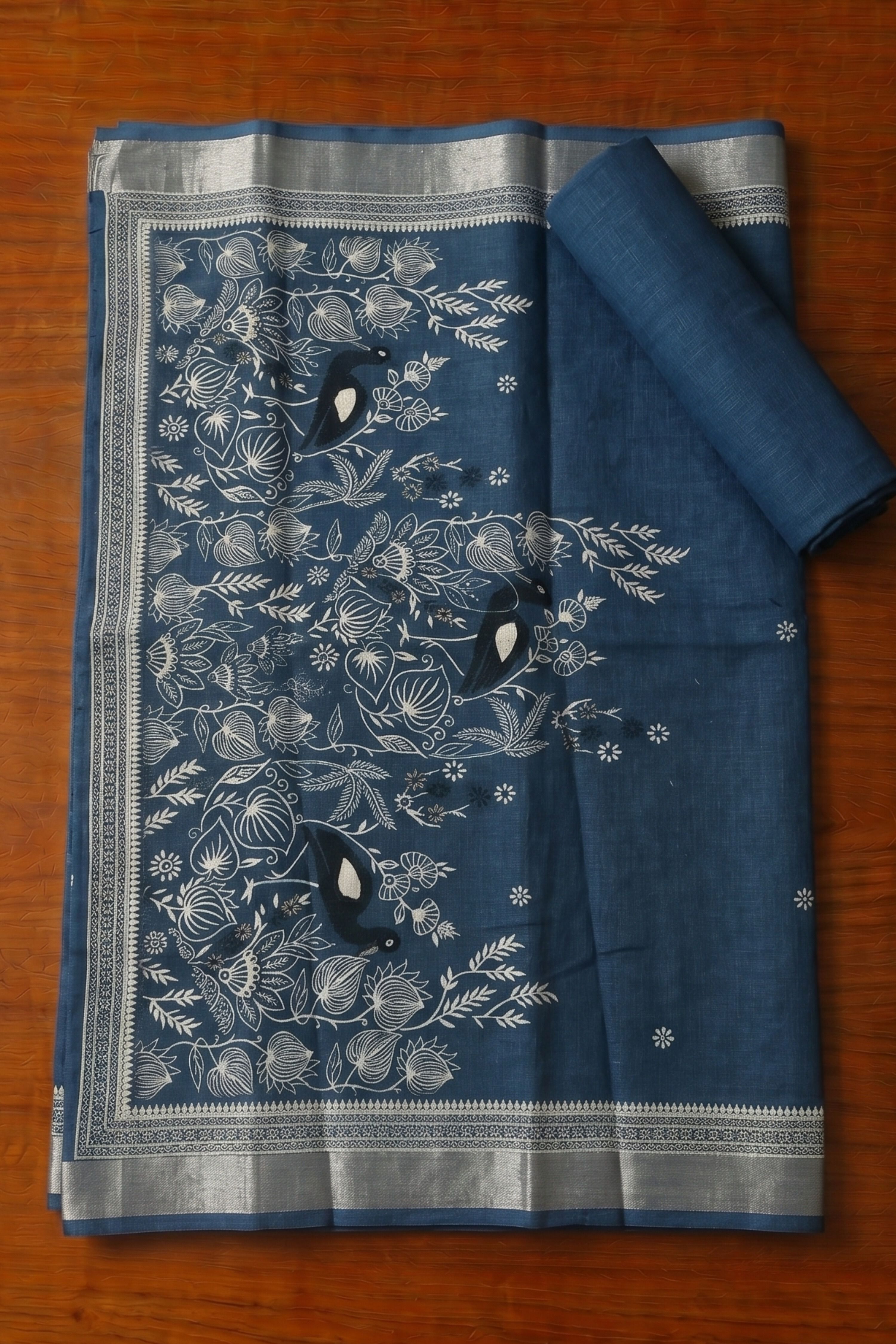 Blue Linen Jamdani Unstitched Suit Set image number 3