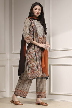Brown Cotton Printed Straight Suit Set image number 5