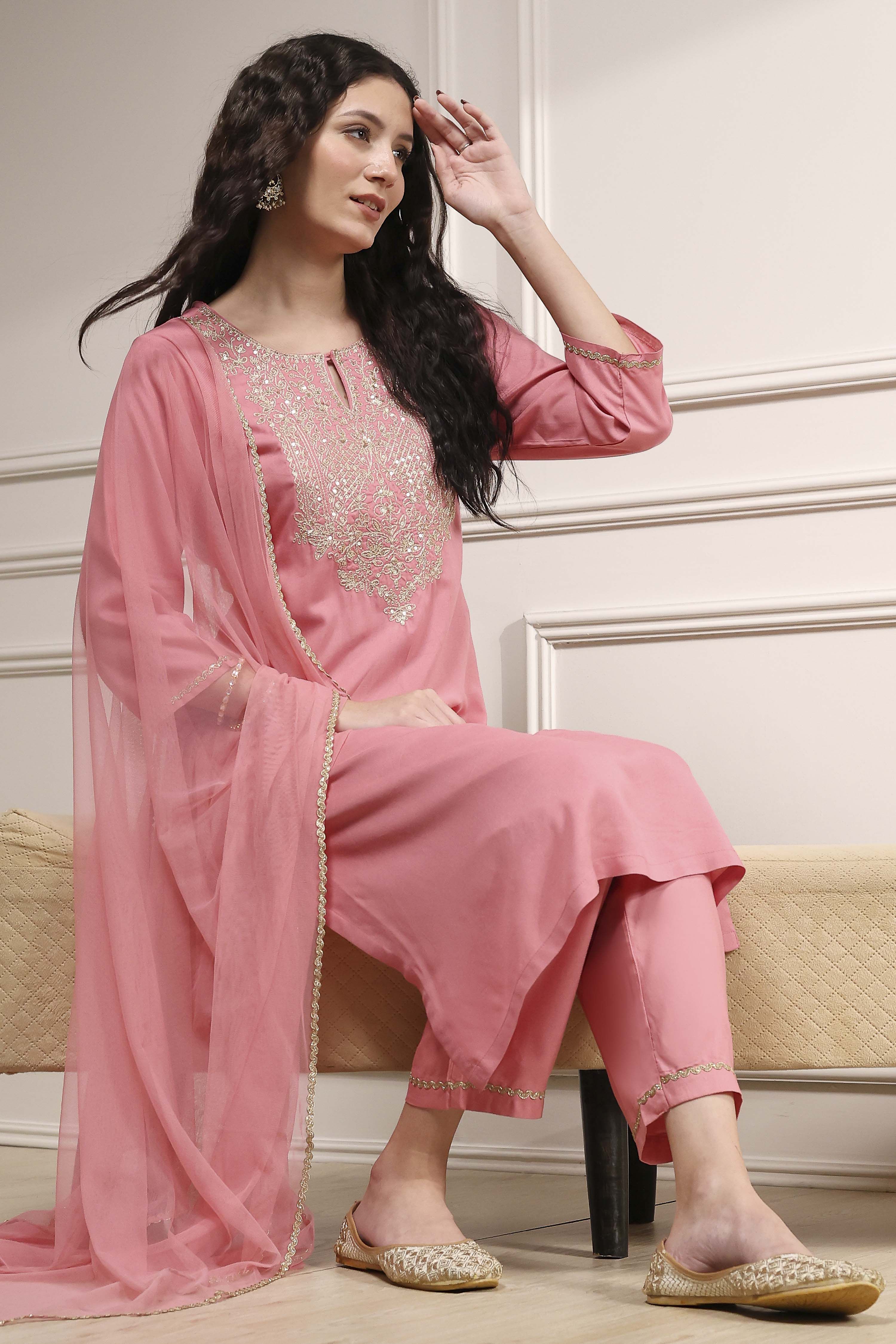 Pink Embroidered Straight Suit Set image number 0