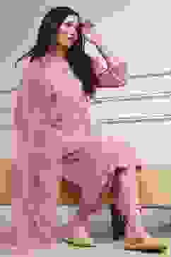 Pink Embroidered Straight Suit Set image number 0